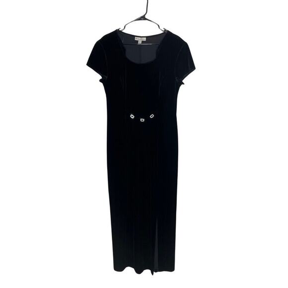 Vintage Velvet Maxi Dress Black Rhinestone Detail Sz 14 Witchy Vamp Grunge Slit - Picture 1 of 9